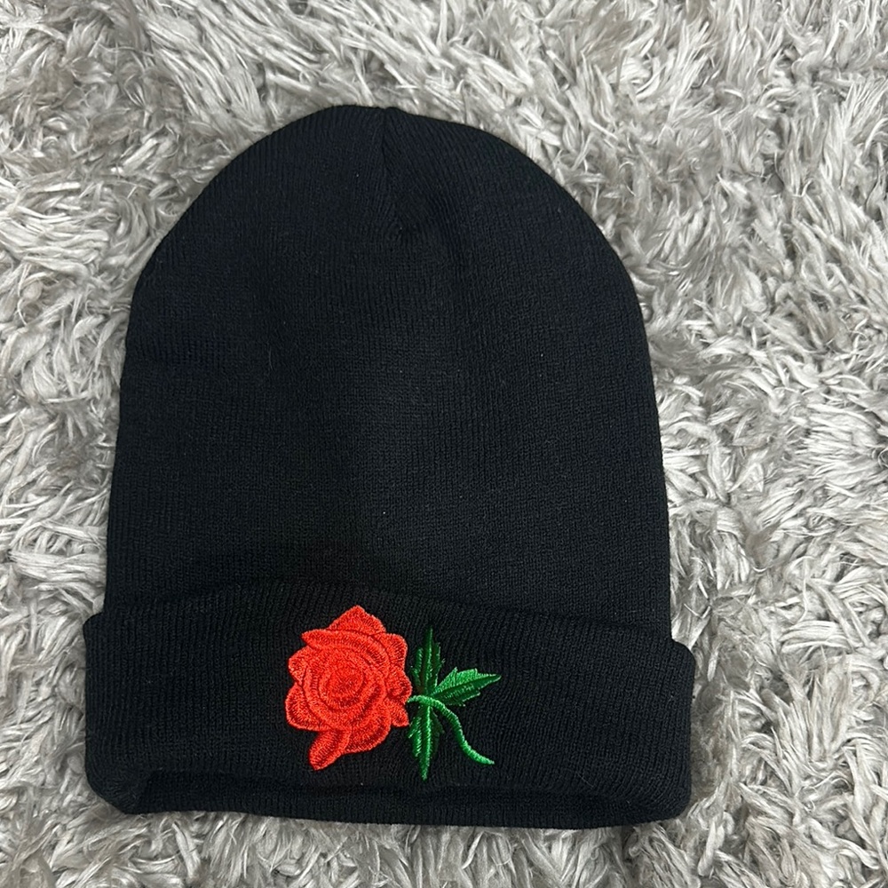 Black Beanie with Red Rose Embroidery